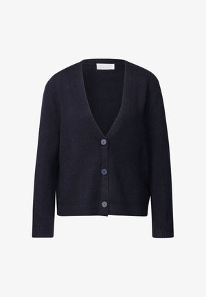 Marineblauwe brei cardigan met een V-hals, lange mouwen en vijf blauwe knopen aan de voorkant. Zachte textuur met geribde manchetten en onderrand.