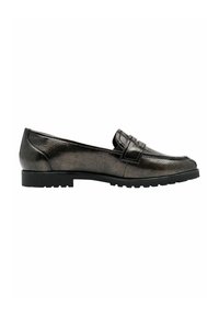 Mocassin en cuir métallisé noir avec petit talon, bout arrondi, bride penny et semelle en caoutchouc texturée, présenté en profil latéral.