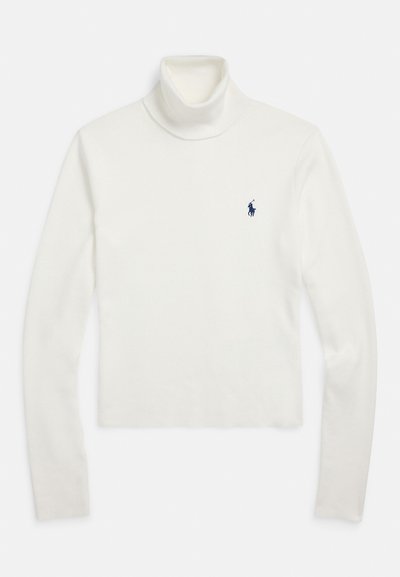 Biely dlhý rukáv s golierom rolák a malým tmavomodrým logom hráča póla na ľavej strane hrude.