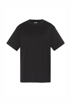 T-shirt in cotone nero con collo rotondo e maniche corte. Presenta un logo discreto sul petto. Taglio dritto, texture liscia.