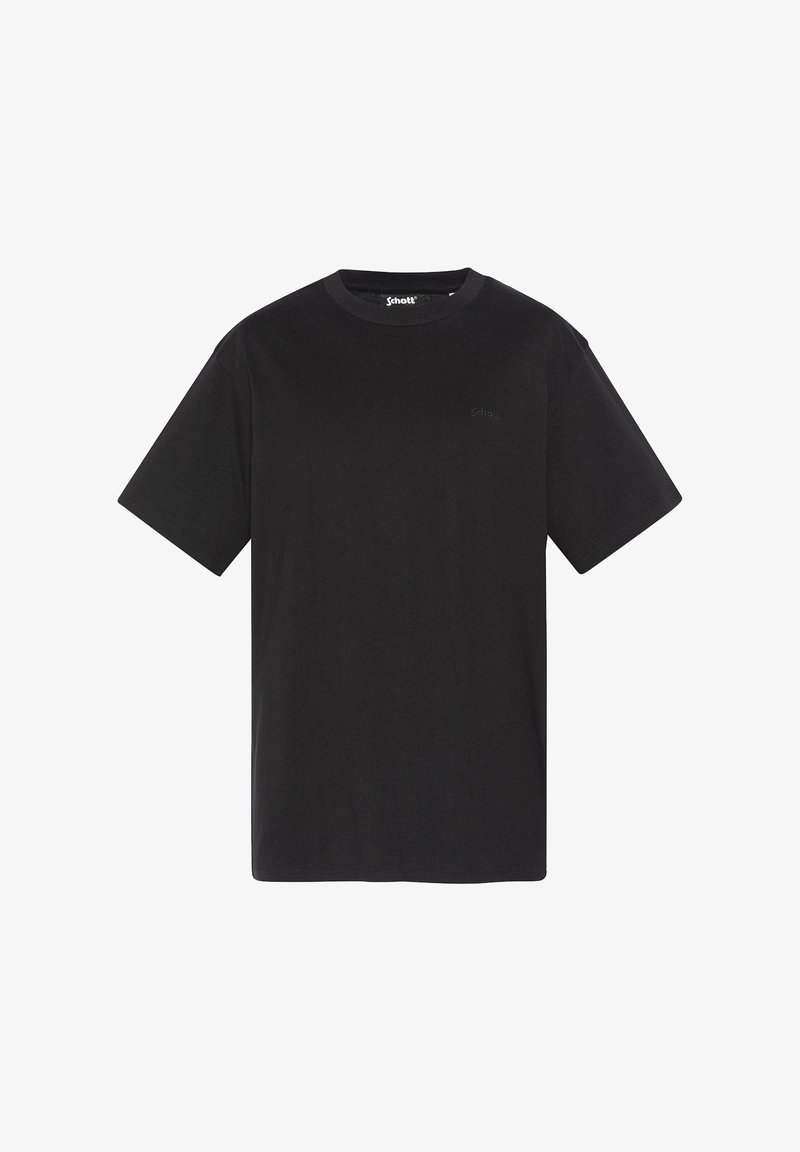 T-shirt in cotone nero con collo rotondo e maniche corte. Presenta un logo discreto sul petto. Taglio dritto, texture liscia.