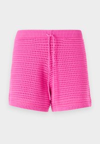 Pink knitted shorts featuring a textured pattern, elastic waistband with adjustable drawstring, and a mid-thigh length cut.