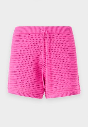 Calções de malha rosa com um padrão texturizado, cintura elástica com cordão ajustável e um corte a meio da coxa.