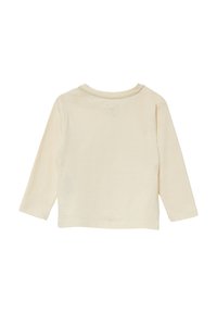 Langärmeliges T-Shirt in Cremefarben mit abgerundetem Halsausschnitt und weicher Textur. Verfügt über ein kleines Markenlogo im oberen Rückenbereich.