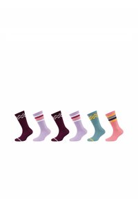 Seks par sokker i forskellige farver (lilla, pink, teal) med mønstre og striber. Materialet har et tekstureret udseende og præget kontrastfarver.