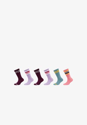 Sześć par skarpetek w różnych kolorach (fioletowy, różowy, turkusowy) z wzorami i paskami. Materiał ma fakturowany wygląd, z kontrastującymi akcentami.