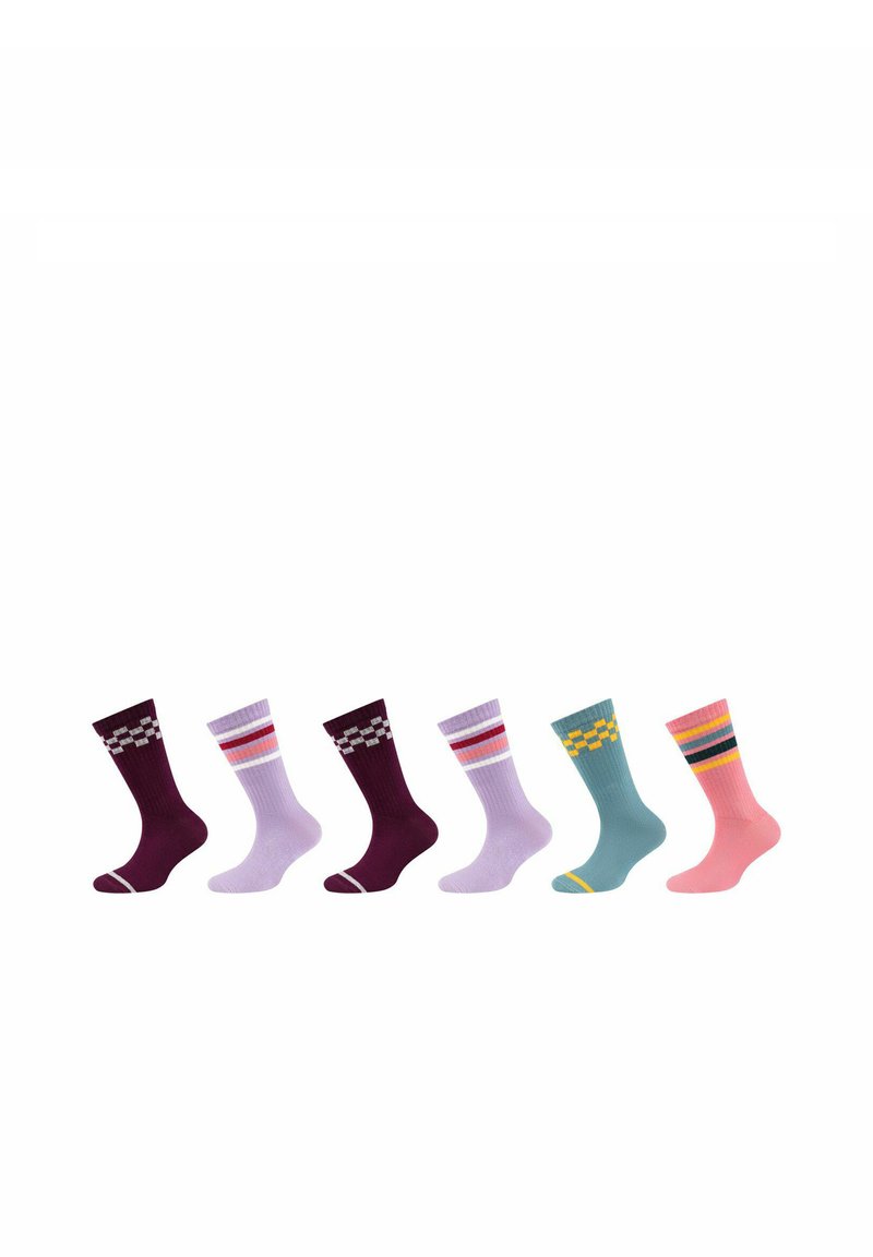 Seks par sokker i forskellige farver (lilla, pink, teal) med mønstre og striber. Materialet har et tekstureret udseende og præget kontrastfarver.