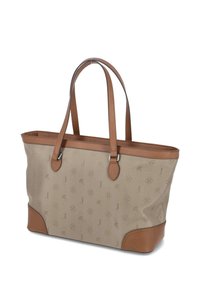 Borsa tote beige con motivo in rilievo e dettagli in pelle marrone. Presenta due manici e una forma rettangolare strutturata.