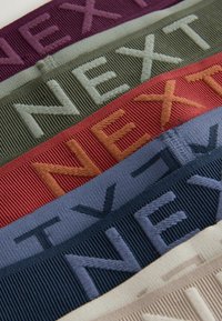 Primer plano de seis bandas de tela en diferentes colores, cada una bordada con la palabra "NEXT" en hilo elevado.