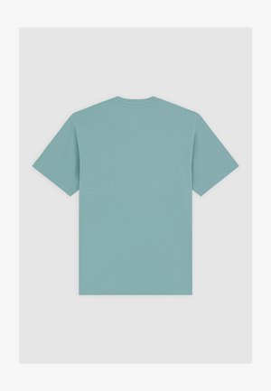 Vaaleansininen puuvillainen T-paita, jossa on lyhyet hihat, pyöreä kaula-aukko ja sileä pinta. Takana ei ole kuvioita tai grafiikkaa.