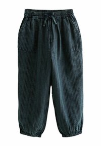 Culottes en mélange de coton, vert foncé avec un motif rayé, taille élastique, cordon de serrage et deux poches latérales. Poignets élastiques aux chevilles.