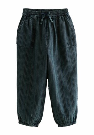 Culotte din amestec de bumbac, de culoare verde închis, cu un model în dungi, talie elastică, șnur de strângere și două buzunare laterale. Mâneci elastic la glezne.