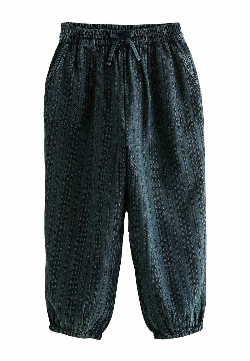 Culottes en mélange de coton, vert foncé avec un motif rayé, taille élastique, cordon de serrage et deux poches latérales. Poignets élastiques aux chevilles.