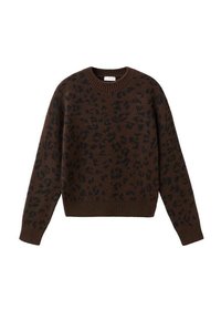 Brahno pleteno pulover z črnim leopardjim vzorcem, okroglim izrezom in rebrastimi manšetami ter robom.