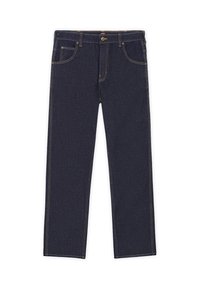 Dark blue denim jeans with a straight leg, featuring contrast stitching and five-pocket design. Button closure and zipper fly detail.