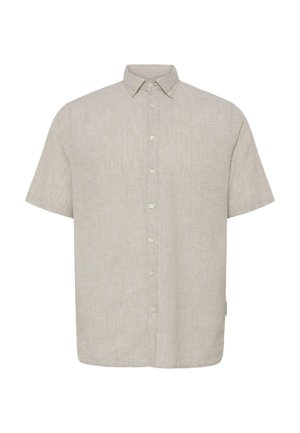 Cămașă bej din in cu mâneci scurte, cu nasturi frontali și guler clasic, prezentată pe un fundal alb simplu.