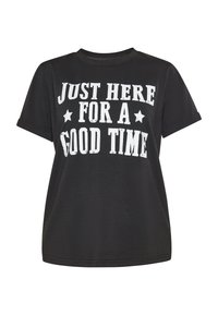 Sort bomulds T-shirt med korte ærmer og rund hals. Forsiden har hvid tekst i slidt stil, der står "BLOT HER FOR EN GOD TID."