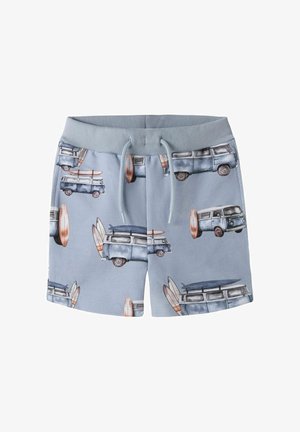 Shorts pour enfants bleu clair avec une ceinture élastique et un cordon, avec un motif de vans vintage transportant des planches de surf.