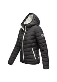 Čierna puffa bunda s kapucňou, so bielou podšívkou, vertikálnym prešívaním, predným zipsom a bočnými vreckami na zips.