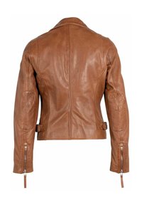 Braune Lederjacke mit kragenförmigem Ausschnitt, Ellenbogenflicken und Reißverschluss an den Bündchen. Figurbetonte Passform mit verstellbaren Seitenträgern.