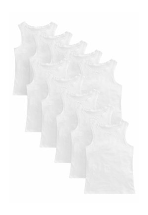 Set di dieci canottiere bianche in cotone con scollatura rotonda rifinita in pizzo e dettagli a fiocco. Design senza maniche, texture liscia, forma uniforme.