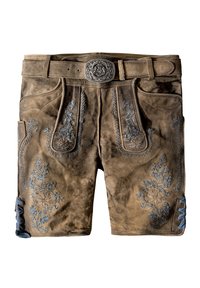 Brown leather shorts featuring blue floral embroidery and a decorative metal buckle. Includes side pockets and braided side accents.