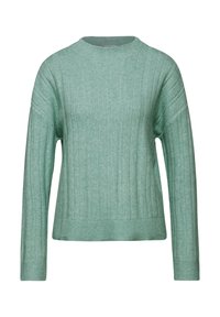 Mintgroene ribgebreide trui met een ronde hals, lange mouwen en een contrasterend textuurpatroon langs de mouwen en de onderrand. Zacht, gebreid materiaal.