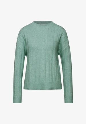 Pull en mailles côtelées vert menthe avec un col rond, des manches longues et un motif texturé contrastant le long des manches et de l'ourlet. Matière douce en tricot.
