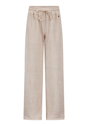 Helle beige weite Hose aus strukturiertem Stoff. Besitzt einen elastischen Bund mit Kordelzug und einem kleinen Logo-Detail.