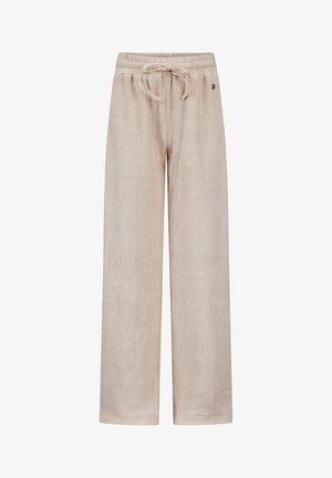 Lichtbeige wijde broek gemaakt van textuurstof. Beschikt over een elastische tailleband met een trekkoord en een klein logo-detail.