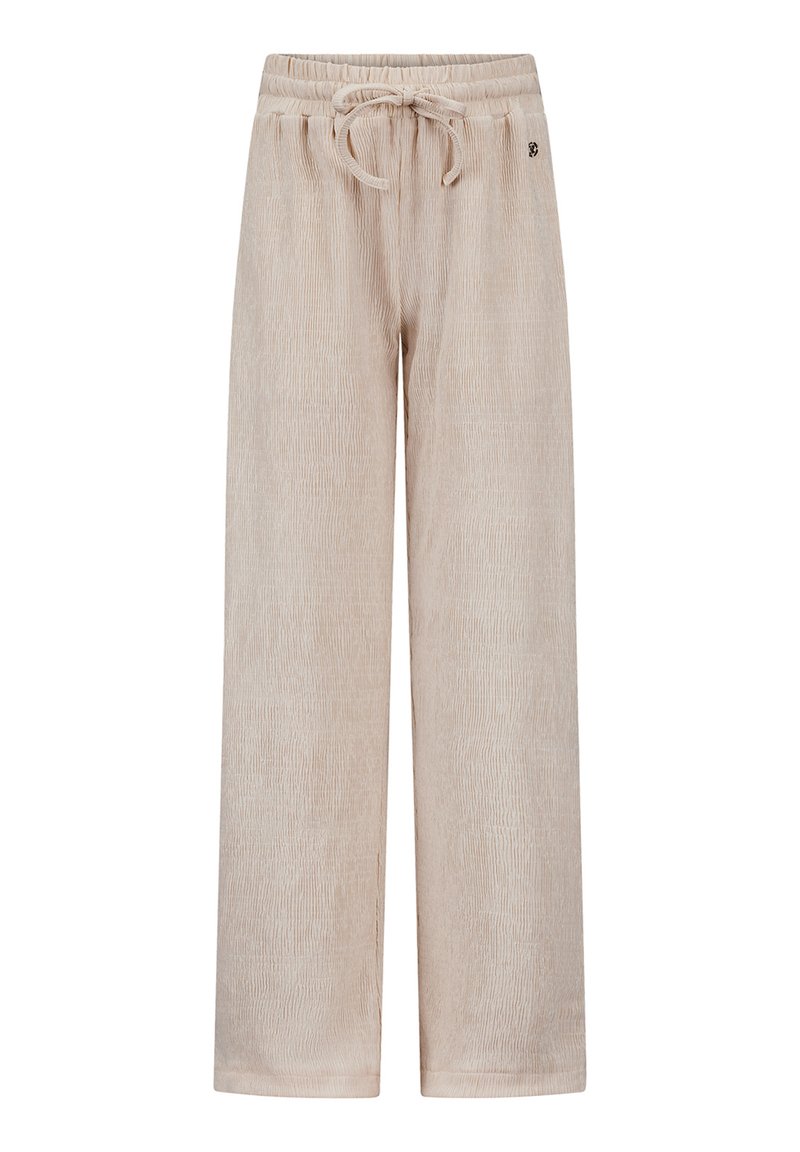 Lichtbeige wijde broek gemaakt van textuurstof. Beschikt over een elastische tailleband met een trekkoord en een klein logo-detail.