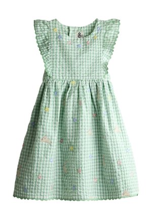 Svetlozelené dievčenské šaty s kockovaným vzorom, volánovými rukávmi, vyšívanými pastelovými kvetmi a malými vzormi zajacov.