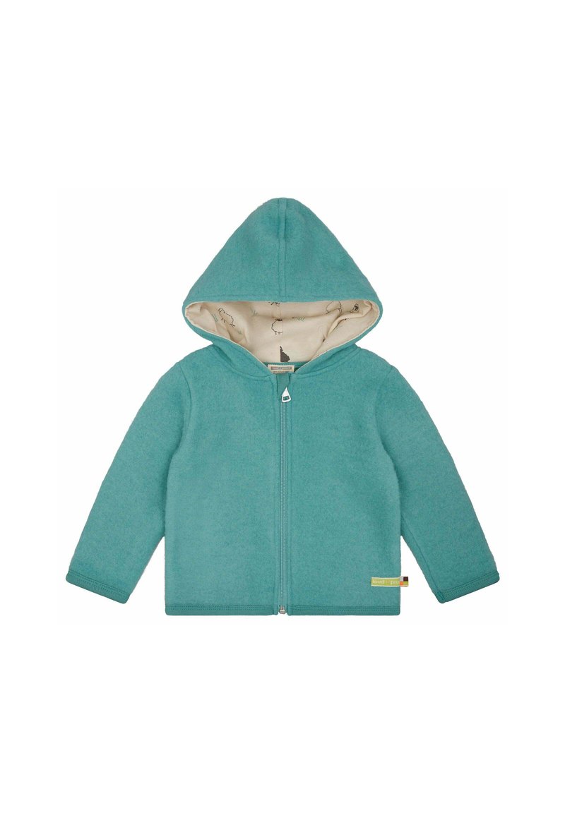 Giacca con cappuccio turchese, con zip frontale, realizzata in morbido materiale felpato, con fodera crema decorata da piccole illustrazioni stampate.
