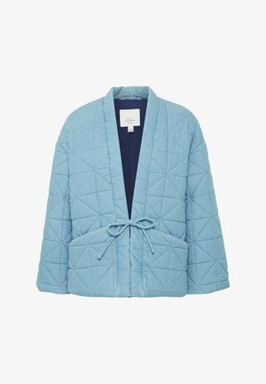 Giacca trapuntata in azzurro chiaro con interno blu navy, dotata di una cintura in vita e di un motivo triangolare sulla superficie.