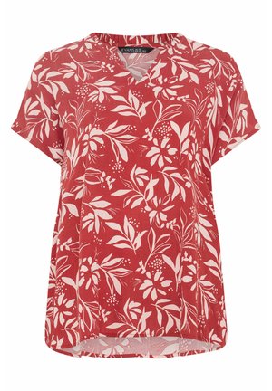 Punainen lyhythihainen pusero, jossa vaaleanpunainen kukka- ja lehtikuvio, V-pääntie ja väljä istuvuus.