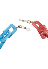 Blue and pink plastic chain links with gold hardware and clear clips, featuring a glossy finish and rectangular shapes.