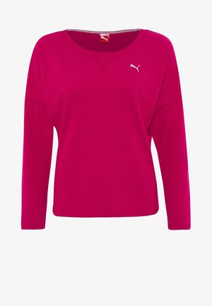 Fioletowa, długorękawowa bluza Puma z okrągłym dekoltem i małym, białym logo Puma na lewej piersi.