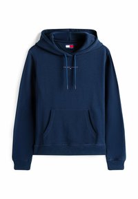 Felpa con cappuccio blu navy realizzata in tessuto misto cotone, con tasca frontale tipo marsupio, cappuccio regolabile con cordino e un piccolo logo del marchio sul petto.