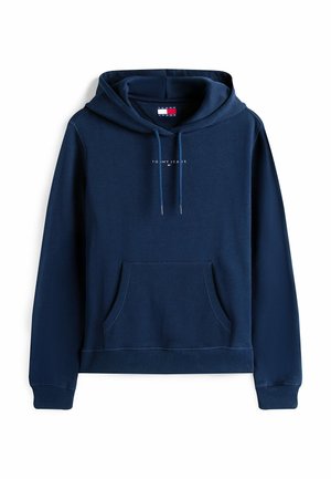 Marineblå hoodie lavet af bomuldsblandet stof, med en front kangaroo-lomme, justerbar snøre i hætten og et lille brandlogo på brystet.