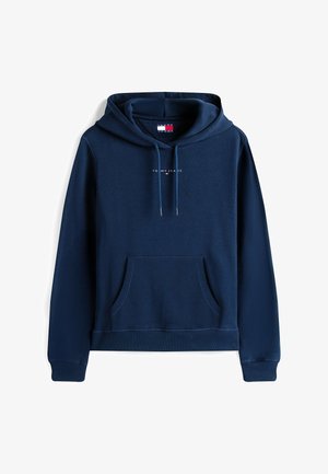 Tamsiai mėlynas džemperis su kapišonu, pagamintas iš medvilnės mišinio, su priekinėmis kengūrinėmis kišenėmis, reguliuojamu kapišonu su raišteliais ir maža prekės ženklo logotipu ant krūtinės.