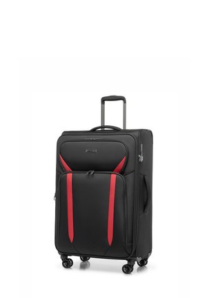 Black suitcase with red accents, durable fabric, telescopic handle, and four wheels for easy maneuvering. Front zipper pocket included.
