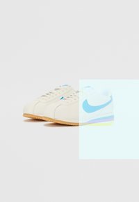 Gaiši bēši sporta apavi ar ziliem akcentiem un retro dizainu. Iespējams izcelt teksturētu zoli un izšūtu detaļu. Otrie sporta apavi ir ar caurspīdīgu pārklājumu.