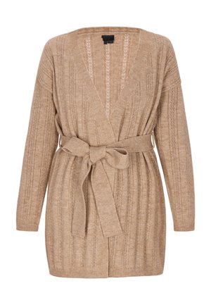 Beige gebreide cardigan met een diepe V-hals, gestructureerde verticale strepen en een bijpassende strikriem in de taille. Lange mouwen en een open voorkant ontwerp.