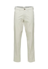 Světle béžové bavlněné chinos kalhoty se rovný střih, přední kapsy, jedno tlačítko na zapínání a páskové smyčky pro nastavení velikosti.