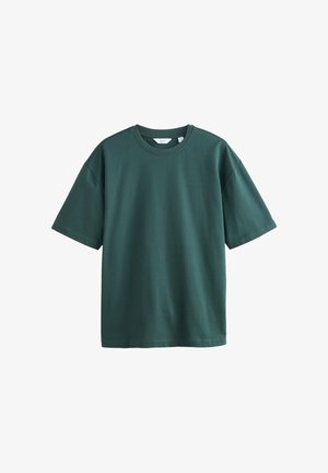 T-shirt vert foncé à manches courtes avec col rond et coupe décontractée, présenté sur un fond blanc uni.