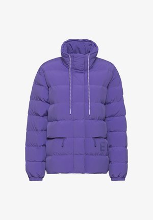 Purple puffer jacket with high collar, illustrated seams, and elastic cuffs. Features front pockets and contrasting drawstrings.
