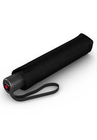 Schwarzer kompakter Regenschirm mit zylindrischer Form. Verfügt über einen grauen Griff und einen Trageriemen. Glatte Textur mit matter Oberfläche. Knirps-Branding sichtbar.