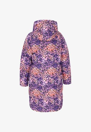 Lila- und pinkfarbener Leopardenprint-Puffermantel mit Kapuze, gesteppter Optik und knielangem Schnitt. Strukturierter Stoff mit sichtbaren Nähten.