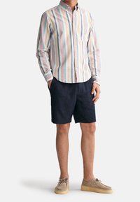 Chemise à rayures à manches longues dans des couleurs pastel, col boutonné, poche poitrine unique. Associée à un short bleu foncé et des chaussures beige à lacets.