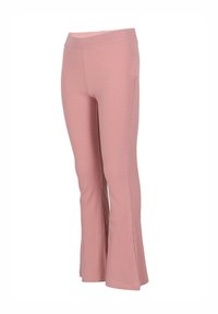 Pantaloni a zampa d'elefante rosa a coste con vita elasticizzata, caratterizzati da una siluette aderente e da una texture morbida. Il design a gamba svasata esalta la forma complessiva.